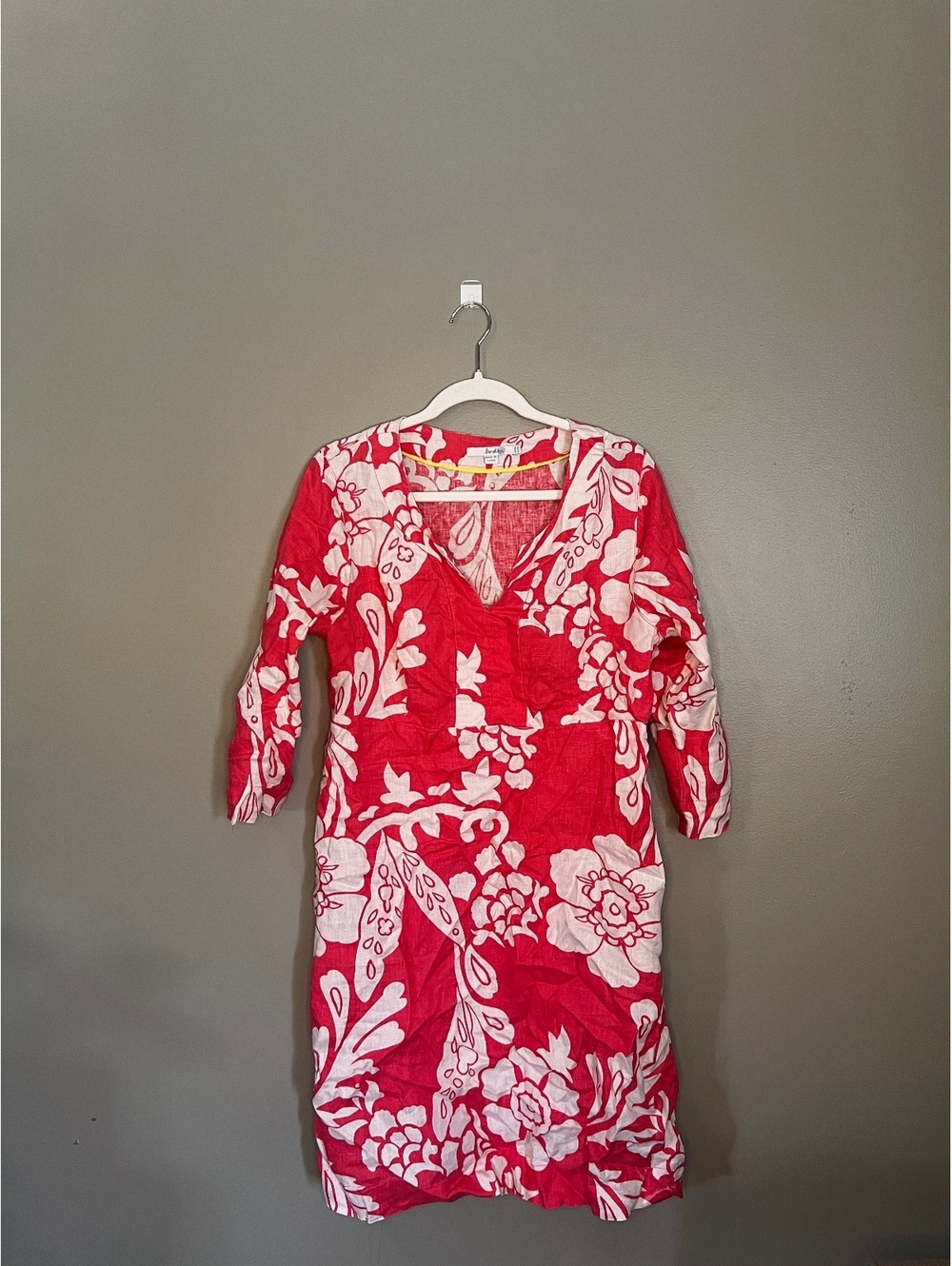 Boden Pink and White Patterned Linen Long Sleeve V Neck Dress